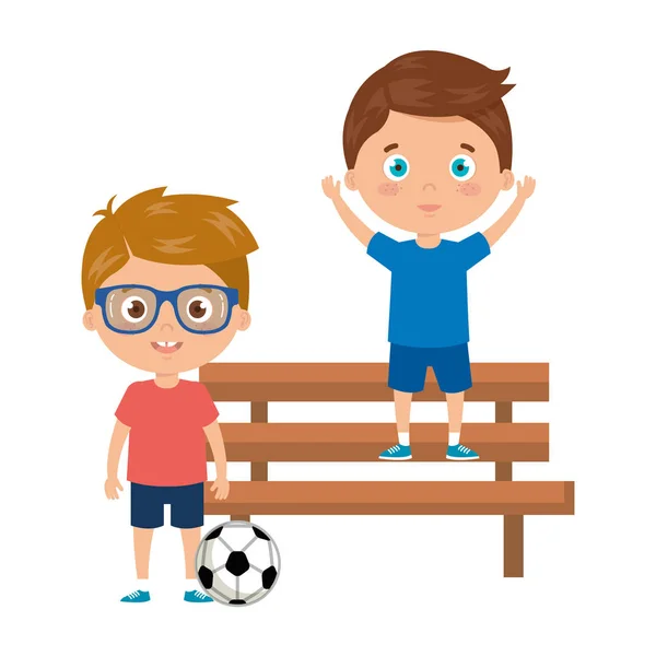 Boys playing with soccer ball in park chair — Stock Vector