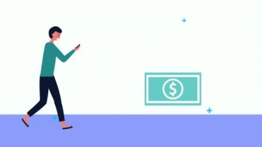Genç işadamı akıllı telefon ve fatura doları kullanıyor.