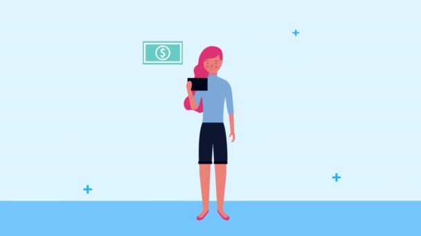Joven mujer de negocios usando teléfono inteligente y dinero — Vídeo de stock