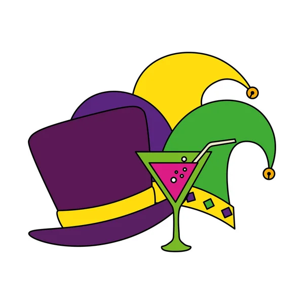 Diseño vectorial aislado de cócteles y sombreros mardi gras — Archivo Imágenes Vectoriales
