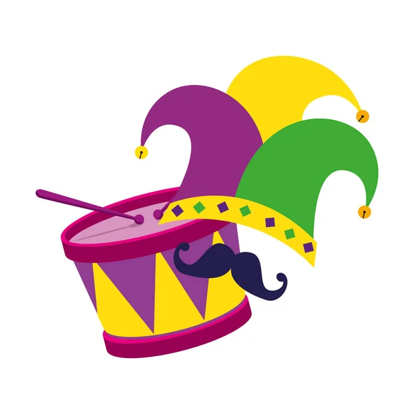 Mardi gras aislado sombrero bigote y tambor vector diseño — Archivo Imágenes Vectoriales