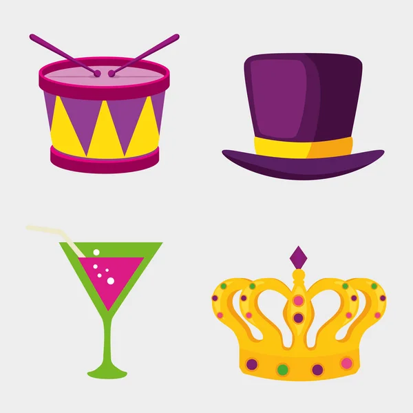 Mardi gras tambor sombrero cóctel y corona vector diseño — Archivo Imágenes Vectoriales