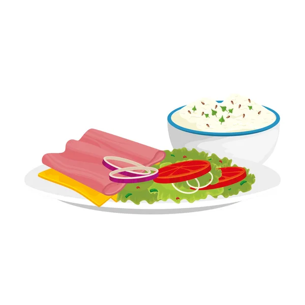 Deliciosa rebanada de jamón con plato deliciosa comida aislada icono — Vector de stock