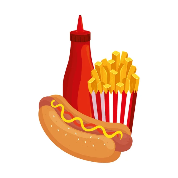 Heerlijke hotdog met frietjes en flessensaus fast food icoon — Stockvector