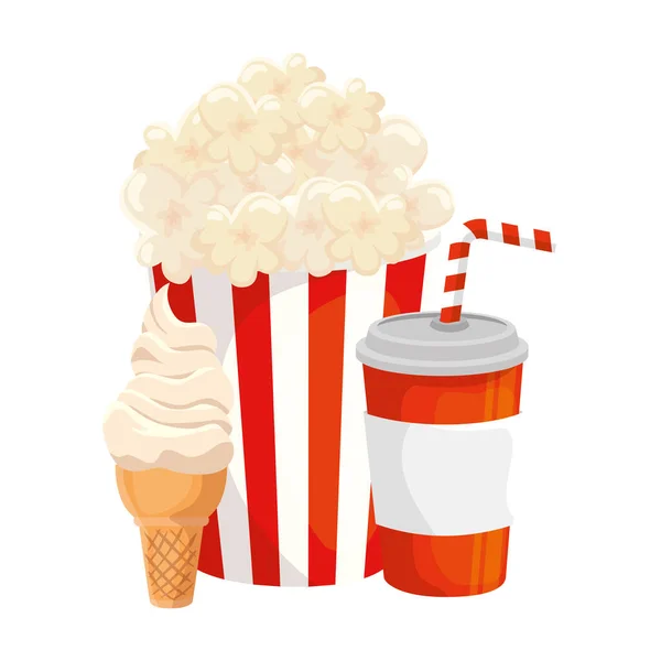 Lækre popcorn i beholder med drikke og is isoleret ikon – Stock-vektor