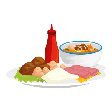 Tabaklarla birlikte şişe sosu.