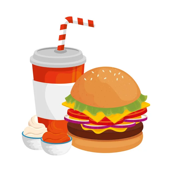 Deliciosa hamburguesa con bebida icono de comida rápida — Archivo Imágenes Vectoriales