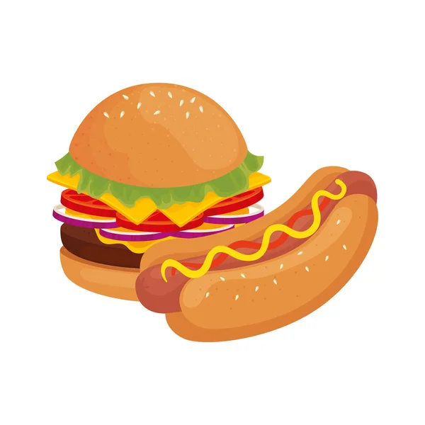 Délicieux hamburger avec hot dog fast food icône — Image vectorielle