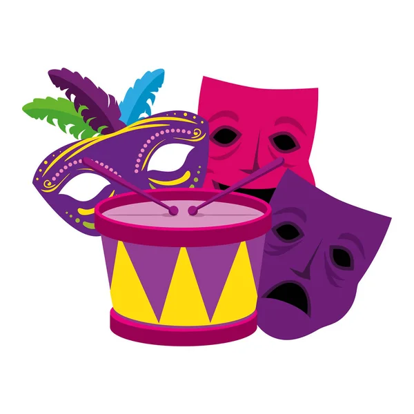 Mardi gras tambor aislado y máscaras diseño vectorial — Archivo Imágenes Vectoriales