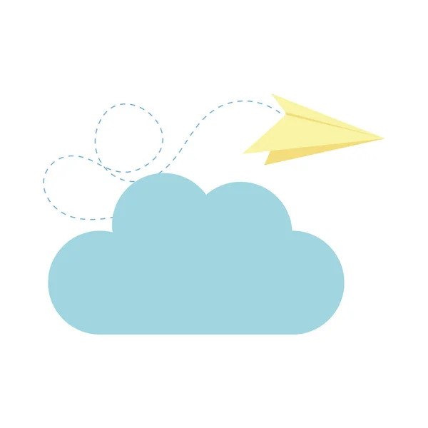 Schattige wolk hemel met papieren vliegtuig — Stockvector