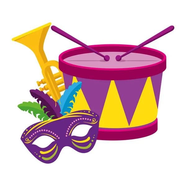 Diseño aislado del vector de trompeta y máscara de tambor de mardi gras — Vector de stock