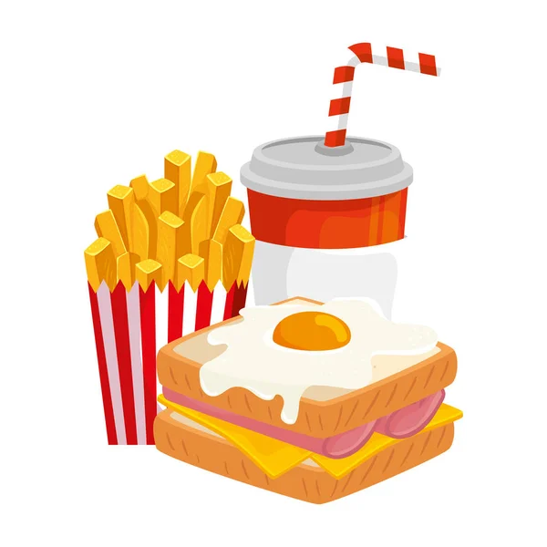 Läcker smörgås med ägg stekt och dricka isolerad ikon — Stock vektor