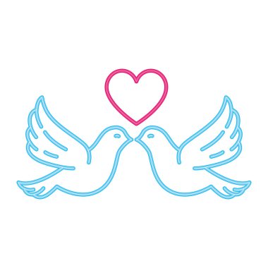 Beyaz zemin üzerinde neon ışığı olan güvercinler.