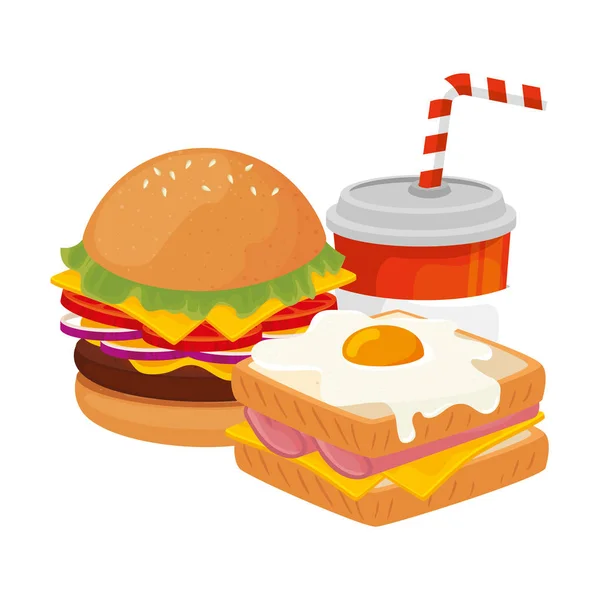 Finom burger szendvics és ital gyorsétterem ikon — Stock Vector