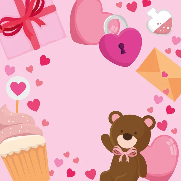 Cadre avec ours en peluche et icônes pour la Saint Valentin — Image vectorielle