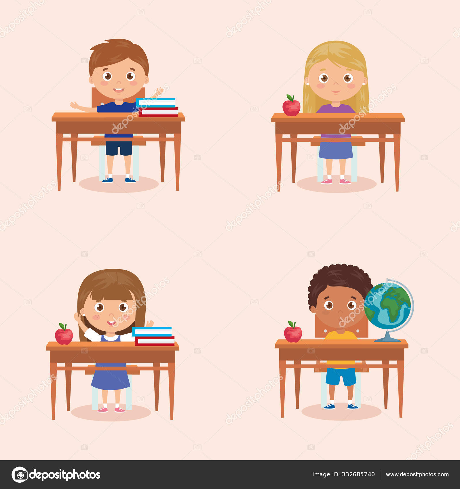 Set Of Children Student Sitting In School Desk Back To School