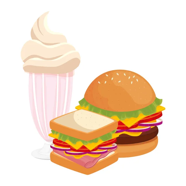 Pyszne hamburgery z kanapki i shake fast food ikona — Wektor stockowy