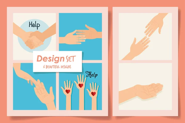Six help hands with hearts designs — Stock Vector
