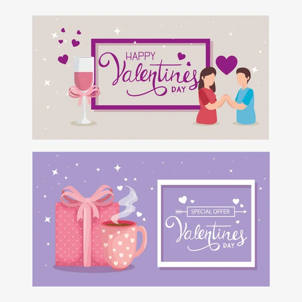 Set cards happy valentines day with decoration — 스톡 벡터