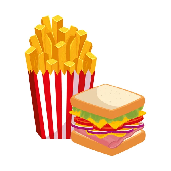 Läcker smörgås med pommes frites mat isolerad ikon — Stock vektor