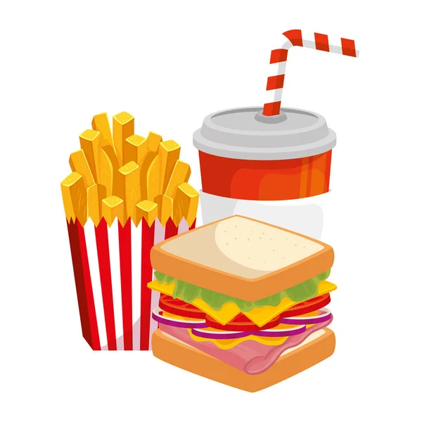 Delicious sandwich with french fries and drink food isolated icon — Stock Vector