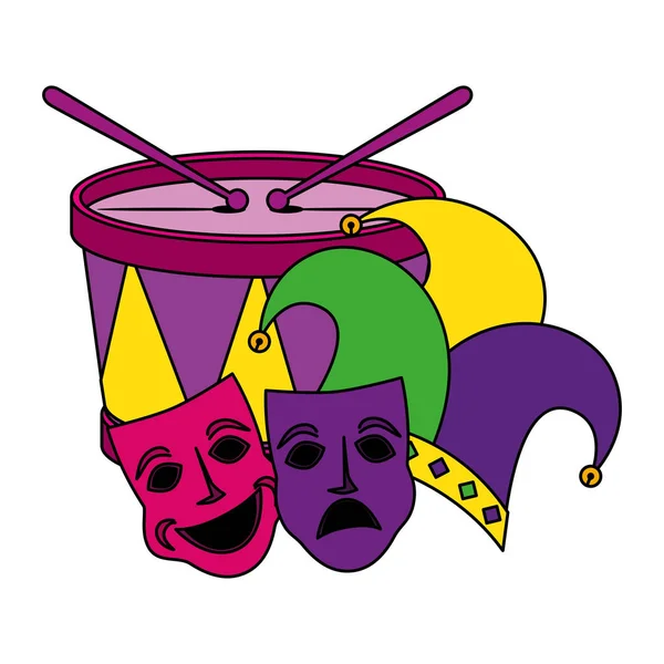 Mardi gras tambor aislado y máscaras diseño vectorial — Vector de stock