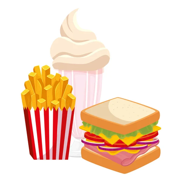 Delicioso sándwich con batido y patatas fritas comida aislada icono — Vector de stock