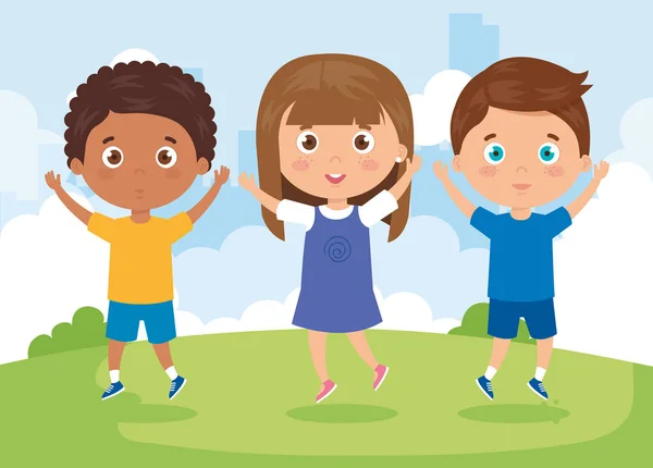 Lindos niños de pie sonriendo en el paisaje — Vector de stock