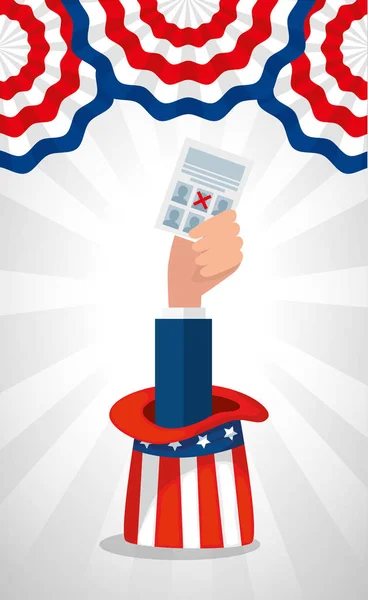 Votar papel e chapéu dos EUA feliz presidentes dia vetor design — Vetor de Stock