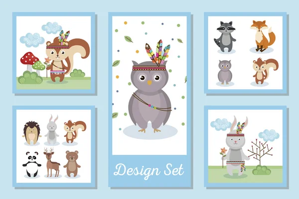 Mignons indiens animaux dessins animés set vectoriel design — Image vectorielle