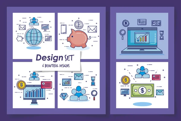 Zes ontwerpen van geld en financiële iconen — Stockvector