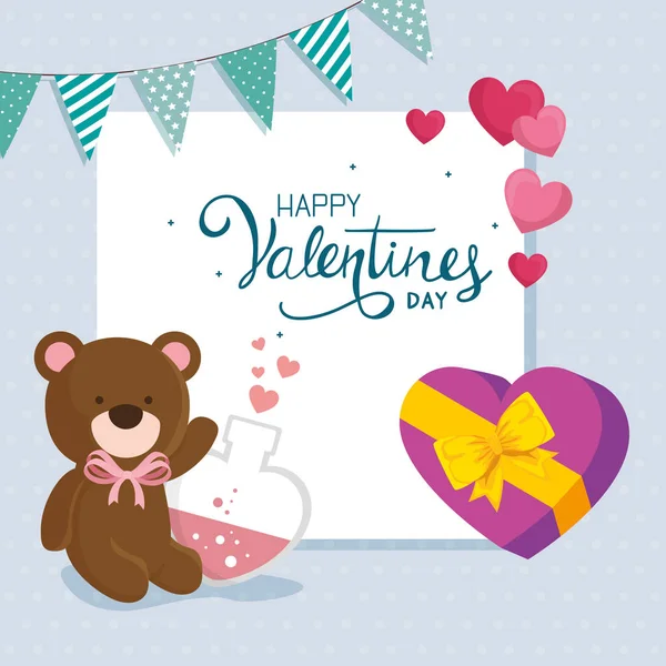 Gelukkige Valentijnsdag met teddybeer en decoratie — Stockvector