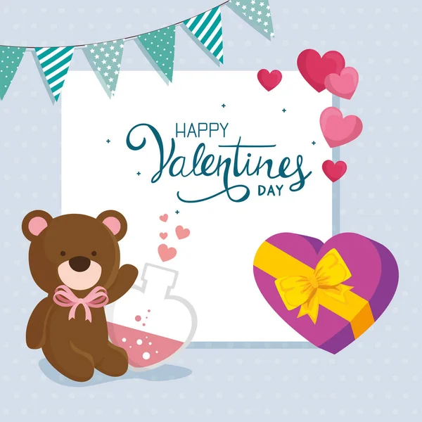 Feliz día de San Valentín con osito de peluche y decoración — Vector de stock