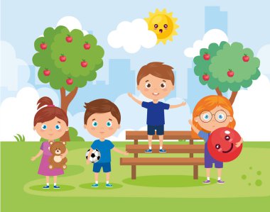 Okul malzemeleri park koltuğunda olan çocuklar.