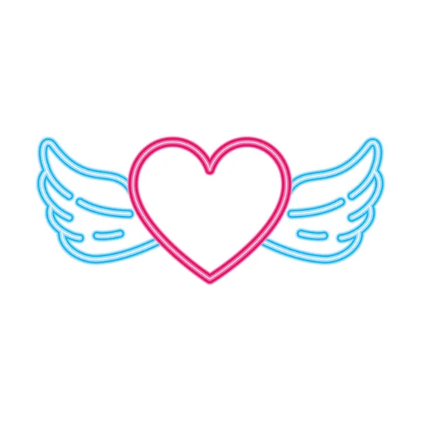 Corazón con alas en luz de neón, día de San Valentín — Vector de stock