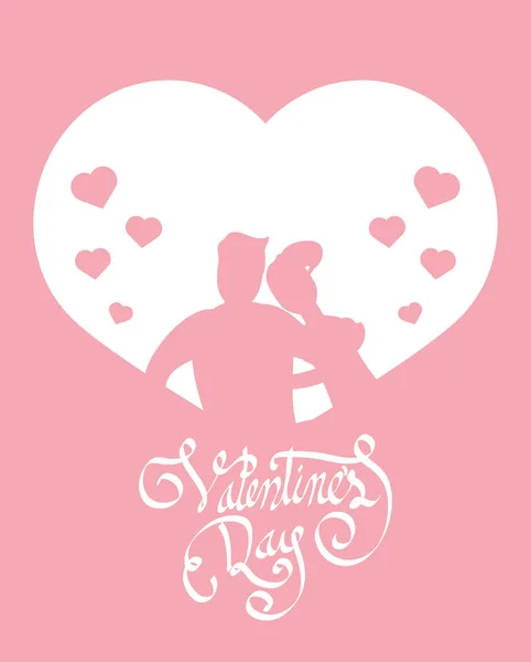Feliz día de San Valentín con pareja en siluetas de corazón — Vector de stock