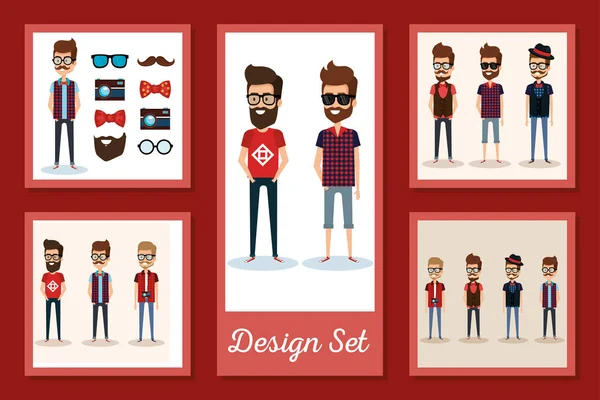 Hipsters hombres marcos conjunto vector de diseño — Archivo Imágenes Vectoriales