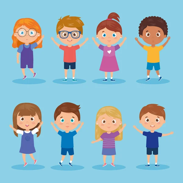 Ensemble d'enfants debout sur fond bleu — Image vectorielle
