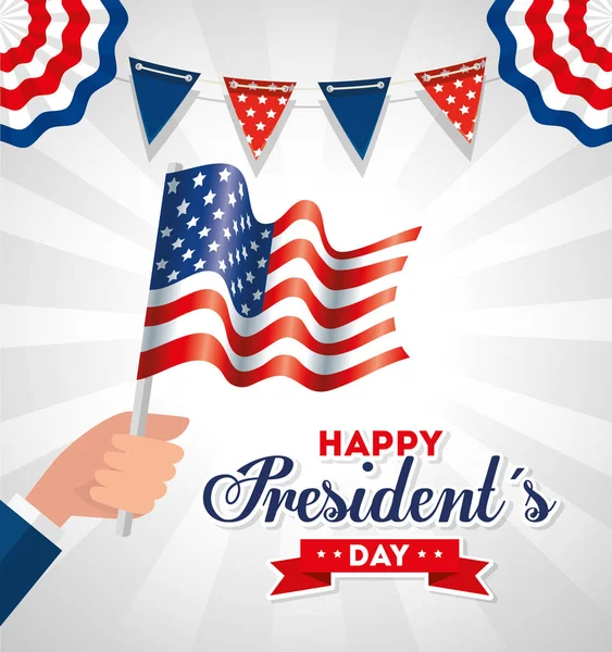 Рука тримає прапор вимпел США щасливих президентів день векторний дизайн — стоковий вектор
