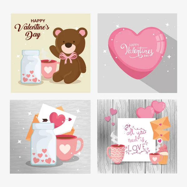 Set carte felice giorno di San Valentino con decorazione — Vettoriale Stock