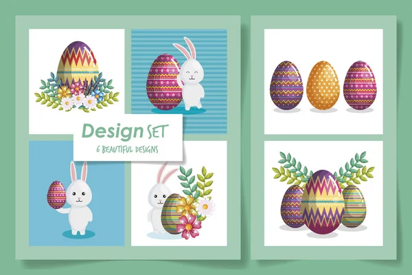 Six designs of of happy easter celebration — Stock Vector