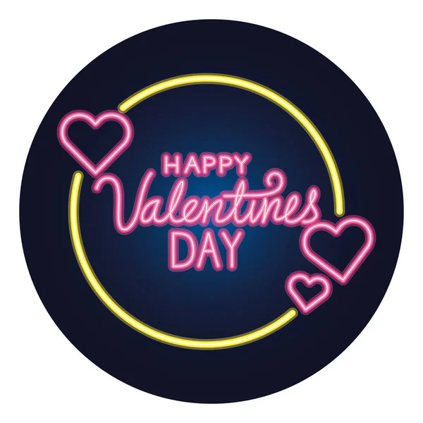 Feliz día de San Valentín letras con marco circular y corazones — Vector de stock