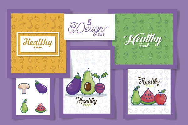 Fünf Designs gesunder und biologischer Lebensmittel — Stockvektor