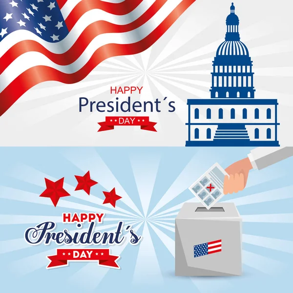 Hauptstadt und Wahlurne der USA glückliche Präsidenten Tag Vektor Design — Stockvektor