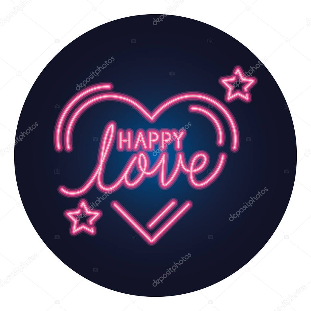 happy lettering with heart and stars in frame circular