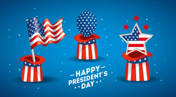 Kalap zászló léggömb és csillag USA boldog elnökök nap vektor tervezés — Stock Vector