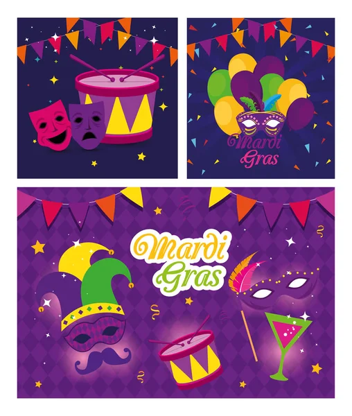 Mardi gras máscaras tambor y cóctel y globos de diseño vectorial — Archivo Imágenes Vectoriales