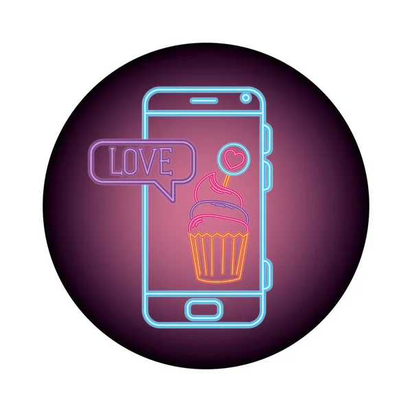 Smartphone con bolla vocale in luce al neon, San Valentino — Vettoriale Stock