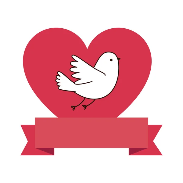 Cute dove with heart and ribbon — Stok Vektör