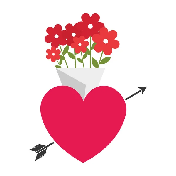 Cute heart with arrow and bouquet flowers — 스톡 벡터